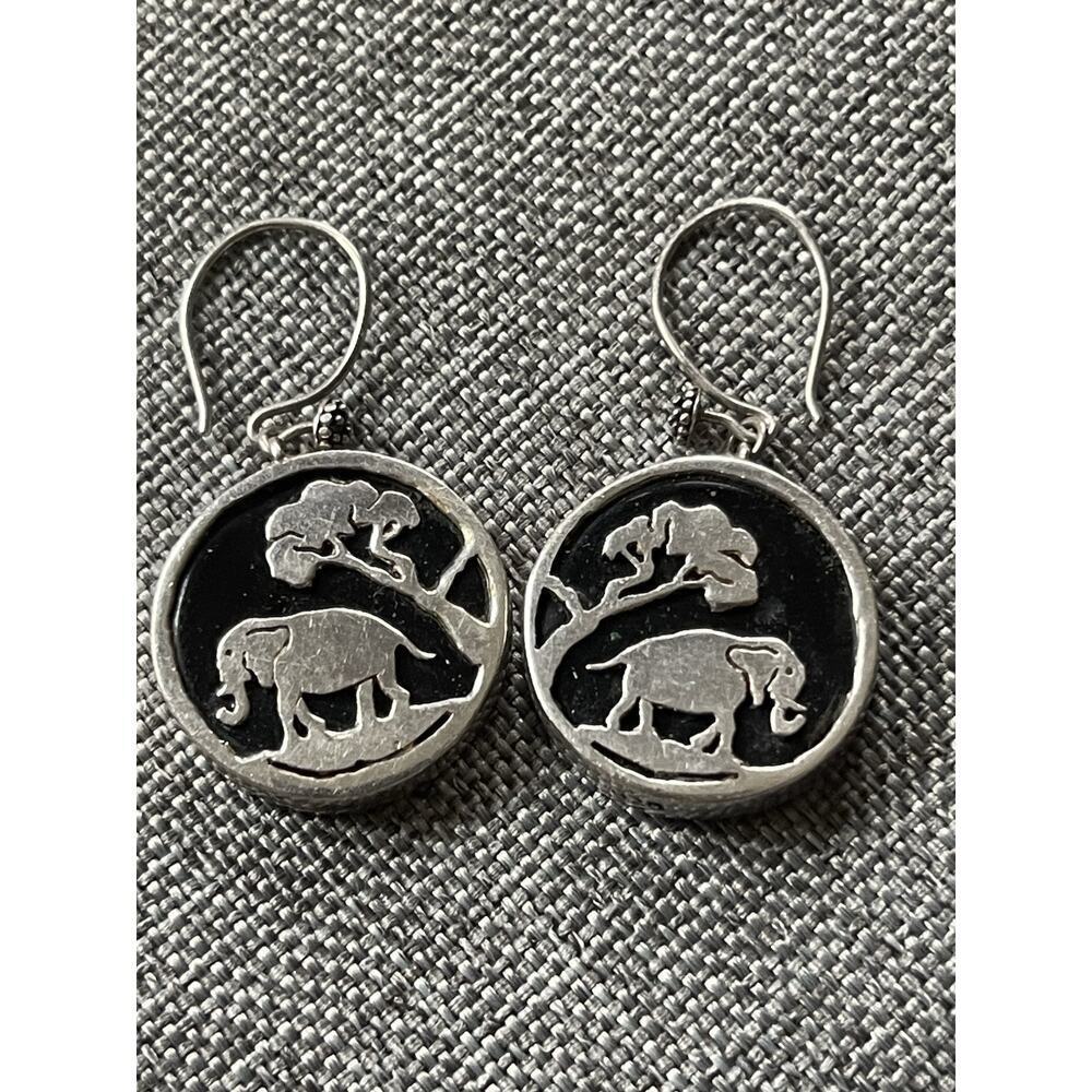 Vintage Sterling Silver Glass Earrings Elephant Tree Of Life Dangle Drop Boho